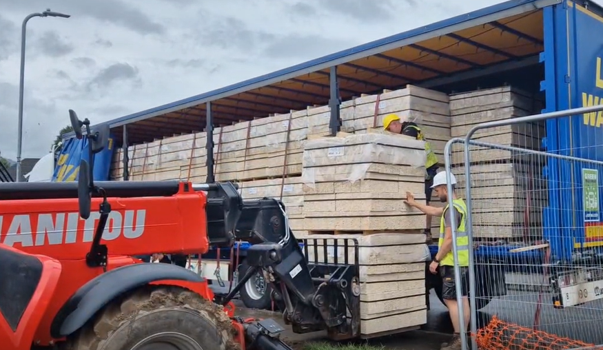 Hemp Block Company Blocks arriving in Wales from Senini for Wellspring Homes.