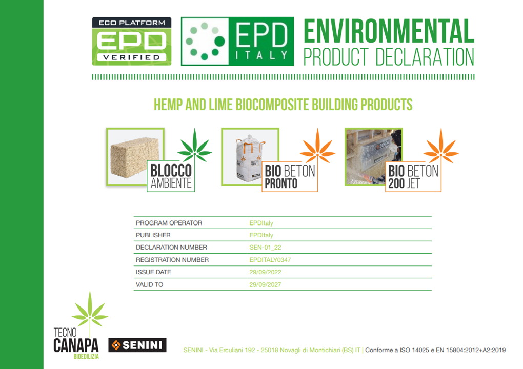EDP Environmental Product Declaration for Hemp and Lime Bio Composite Building Products